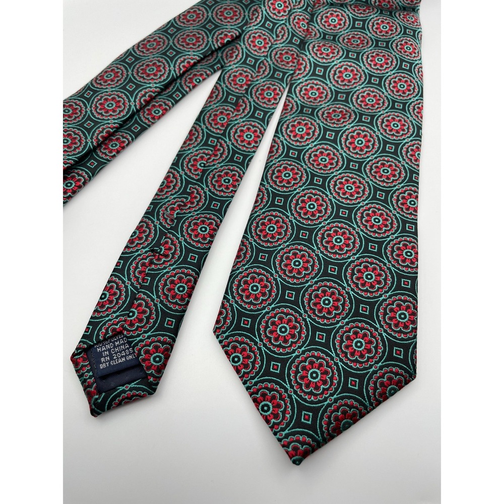 Mario Ferrari Mens Tie Red Teal Black Geometric Medallion Floral Hand Made Silk